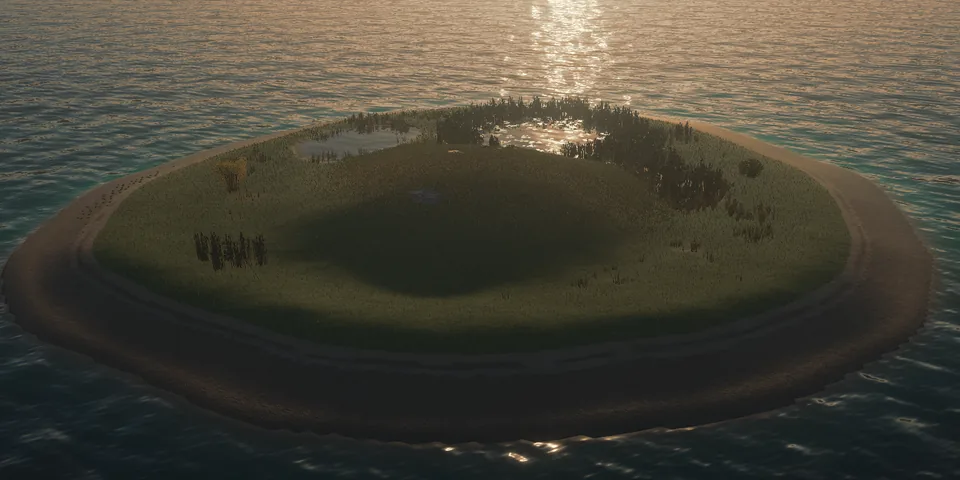 The whole island seen from above, a ring of sand around green ground and two reed-fringed ponds, with sunlight glittering on the sea behind