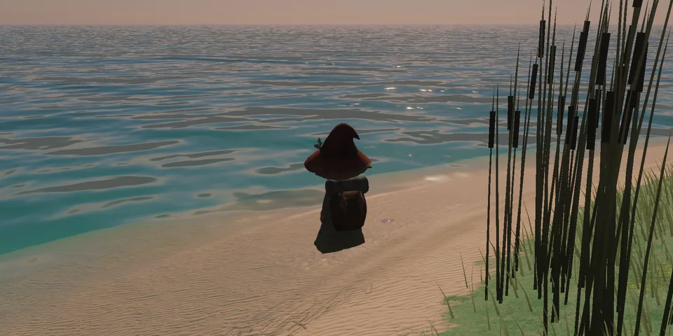 The walker standing on wet sand at the water's edge, looking out over a calm sea under a pale dawn sky